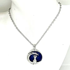 18" Cat on a Crescent Moon GENUINE Lapis Lazuli Pendant Stainless Chain Necklace