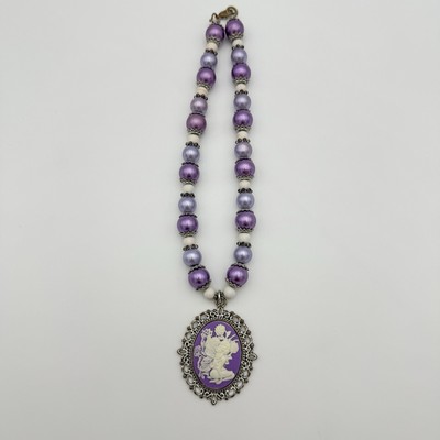 Vintage Purple Fairy Pendant Necklace, Floral Nature Pixie Cameo Beaded