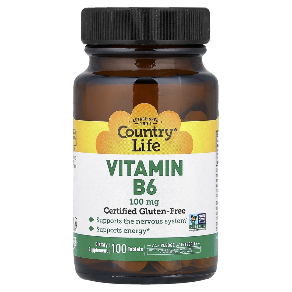Country Life Vitamin B6 100 mg 100 Tablets Gluten-Free, GMP Quality Assured,