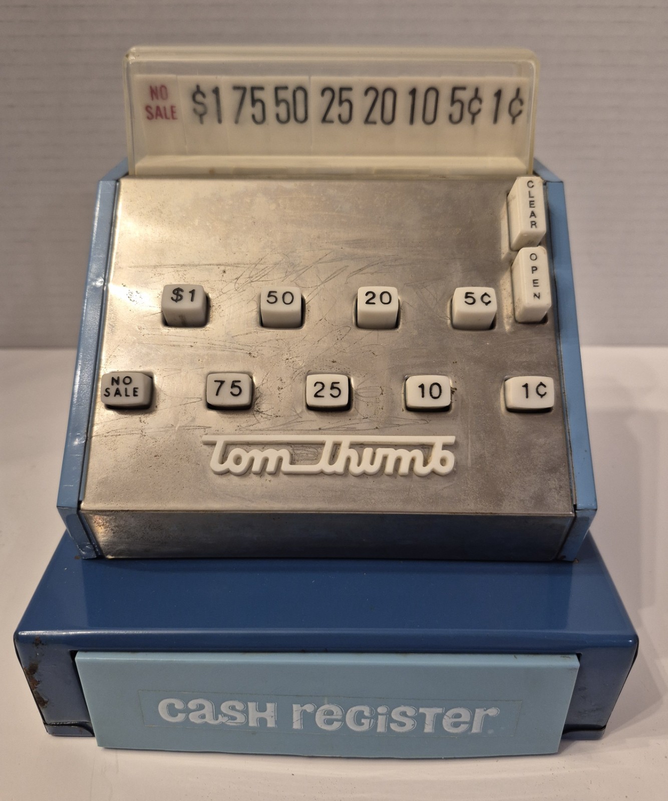 как выглядит Vintage 1950 s Blue Tom Thumb Toy Pretend Cash Register Metal Intact Works фото