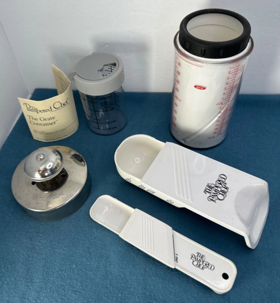 Pampered Chef & OXO lot of 5: Adjustable Measuring Cups, Spoons, cut & seal more
