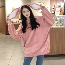 Women Girl Loose Pullover Sweatshirt Hoodies Top Velvet Japanese Bunny Ear SPW