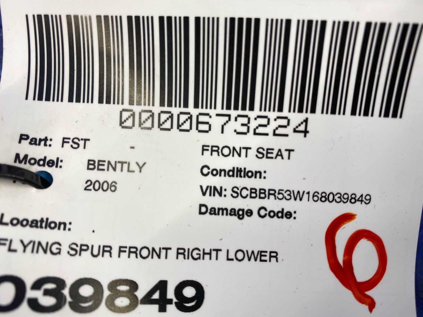 2006-2012 BENTLEY CONTINENTAL FLYING SPUR FRONT RH LOWER SEAT CUSHION *INDENTS*