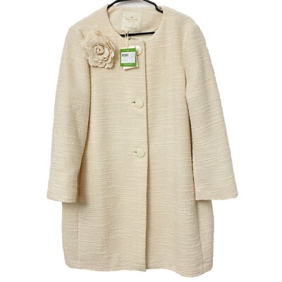 New Kate Spade Tweed Corsage Coat Rambling Rose Sand Dune Ivory Women's 14