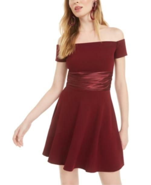 B Darlin Juniors' Off-The-Shoulder Fit & Flare Dress Wine 7/8