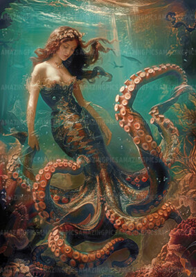 Cecaelia Meerjungfrau Wandkunstdruck, Fantasy Oktopus Frau Deko, Mythisches Meer P84