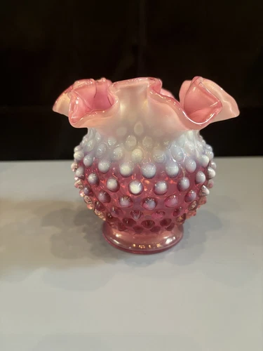 VTG Fenton Cranberry Glass Hobnail Ruffled Edge Opalescent Rose Vase 4.5"H