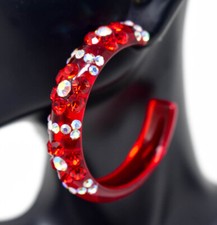 2" STATEMENT RED HOOP FLOWER PATTERN RED/AB RHINESTONES HOOP BLING EARRINGS