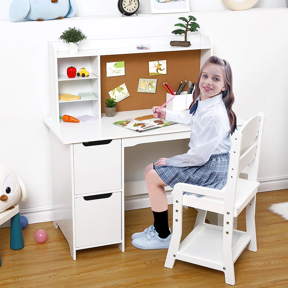 Kids Study Desk and Chair Set Wooden Learning Table with Bookshelf and  Cabinet