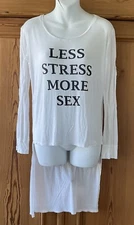 Thomas Wylde Hi-Low Long Sleeve White Stretch Tee Top Less Stress More Sex Sz M