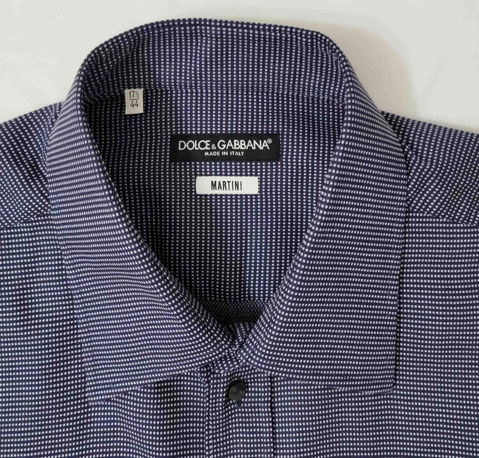 Camisa de algodón Dolce & Gabbana "Martini" - Azul marino con puntos cuadrados blancos - 17US/43IT Foto 2 de 4