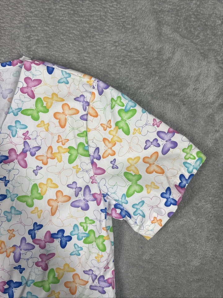 Landau Scrub Top Women’s Small V-Neck Colorful Butterfly Pattern Short Sleeve - Image 2 of 4