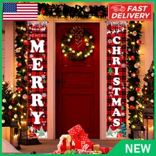 Christmas Buffalo Plaid Door Banner Set Outdoor Porch Merry Xmas Decorations