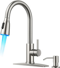 LED Kitchen Faucet with Soap Dispenser and Pull down Sprayer, Brushed Nickel Hig