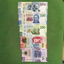 2025 50,100 polymer 200 500 & 1000 pesos UNC 100th Anniv Banco de Mexico 5 note