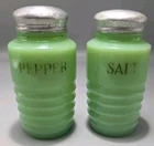 Vintage Jadeite Jeanette Uranium Ribbed Green Glass Salt & Pepper Lg Beehive