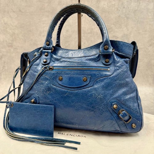 BALENCIAGA The Town Navy Leather 2WAY Shoulder Handbag Y2K Motorcycle Bag 240579