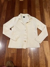 Talbots Medium Cream Blazer with Ruffle Detail Button Up Merino Wool Chic Fall
