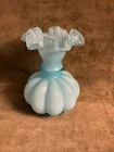 Vintage 1940S Fenton Art Glass Blue Overlay Ruffled Melon Rib Design Squat Vase