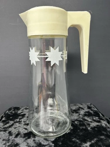VTG Atomic Starburst Anchor Hocking Glass Juice Pitcher with White Flip Lid 60s
