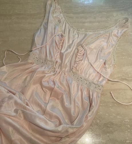 Victorian Dusty Pink Satin Slip Dress, Lace Trim Keyhole Neck Vintage Night Gown - Picture 2 of 24