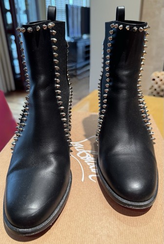 Authentic Christian Louboutin Outline Spike Booties In Black Leather