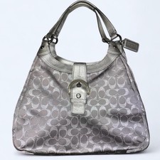 Coach Silver Metallic Signature Logo Shoulder Bag Buckle Accent Large