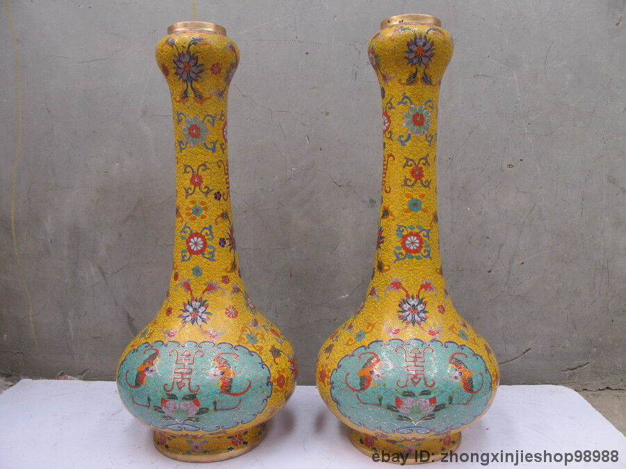 Sign Dynasty 100% Bronze cloisonne longevity Symbol Flower bottle Pot Vase Pair