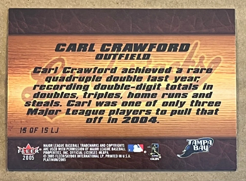 2005 FLEER PLATINUM - LUMBERJACKS INSERT - CARL CRAWFORD RAYS #15 OF 15LJ - Image 2 of 2