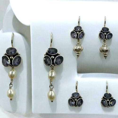 Artisan Crafted Sterling Silver Iolite Charm Earring Set Purple Pearls Dangle