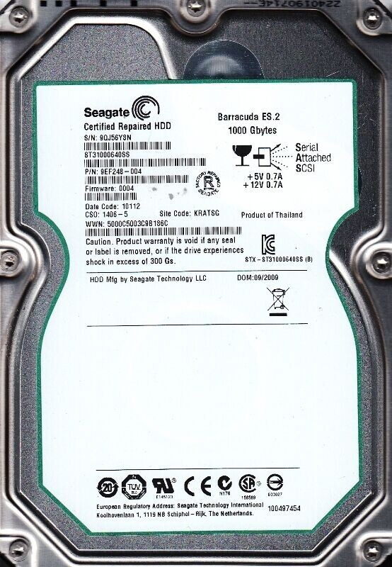 SEAGATE ST31000640SS 1TB BARRACUDA ES 2 7200 RPM SAS HARD DRIVE - CERTIFIED GN L