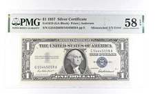 1957 $1 Silver Certificate Fr#1619 Mismatched S/N Err 58 Choice AU EPQ PMG *0944