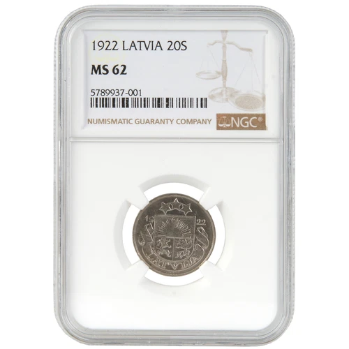 Coin in NGC slab "20 santimu 1922, Latvia, MS 62"