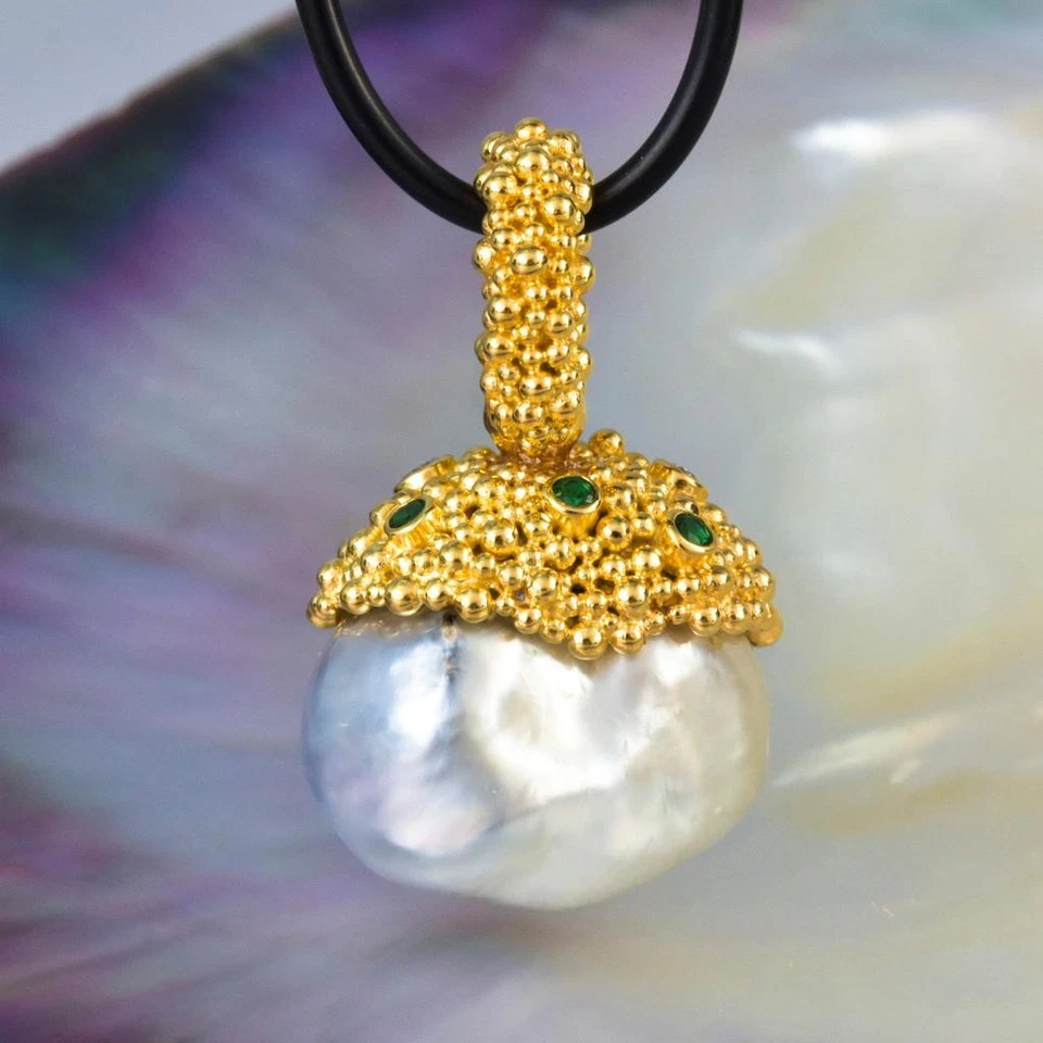 Gigantische South Sea Pearl Pendant Gold Vermeil Sterling, Diamant & Smaragd - Bild 1 von 4