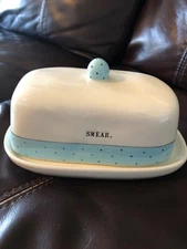 Rae Dunn Blue Polka Dot Smear Butter Dish w/lid By Magenta