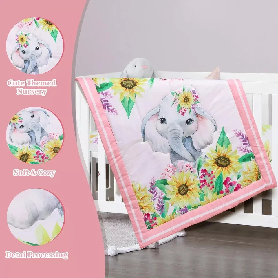 Juego de cama de cuna para bebés niñas - Juego de cama de bebé elefante de 3 piezas incluye... Foto 2 de 4