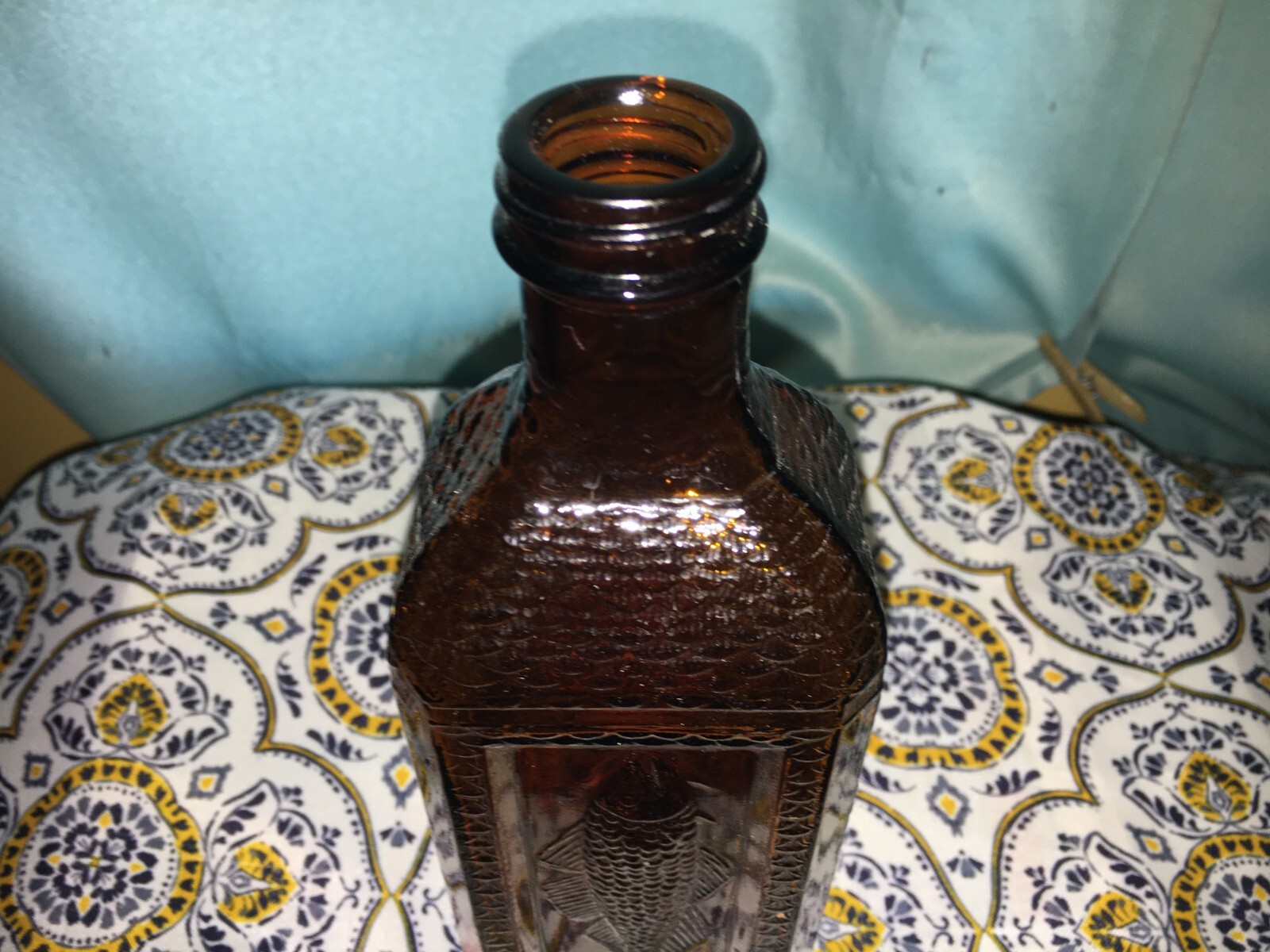 Vintage COD LIVER OIL Bottle McKesson OLD AMBER BROWN GLASS EMBOSSED FISH SCALES