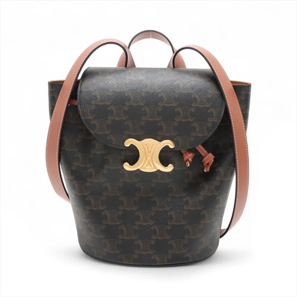 CELINE Bonnie Triomphe Canvas Leather Backpack Brown Authentic