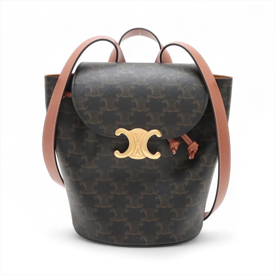 CELINE Bonnie Triomphe Canvas Leather Backpack Brown Authentic