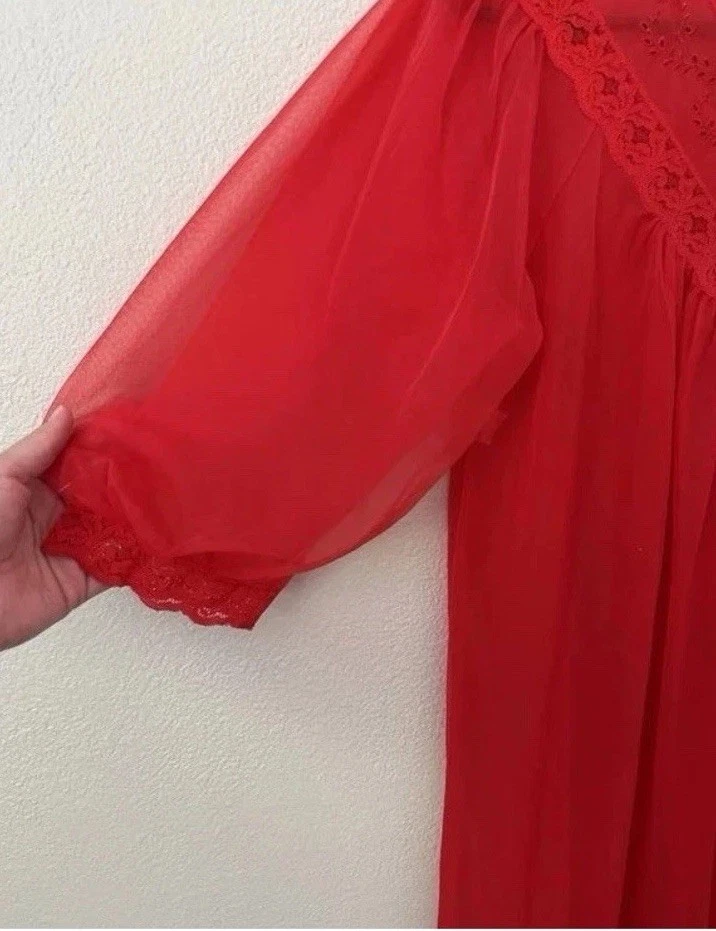 Camisón transparente de encaje rojo vintage años 70 bata de nailon Peignoir para mujer S JC Penney Foto 4 de 4