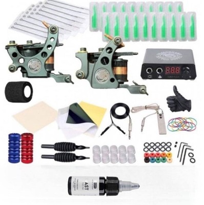 Complete Mast Tattoo Kit Set 2 Machine Power Supply Pedal Gun 10 Inks