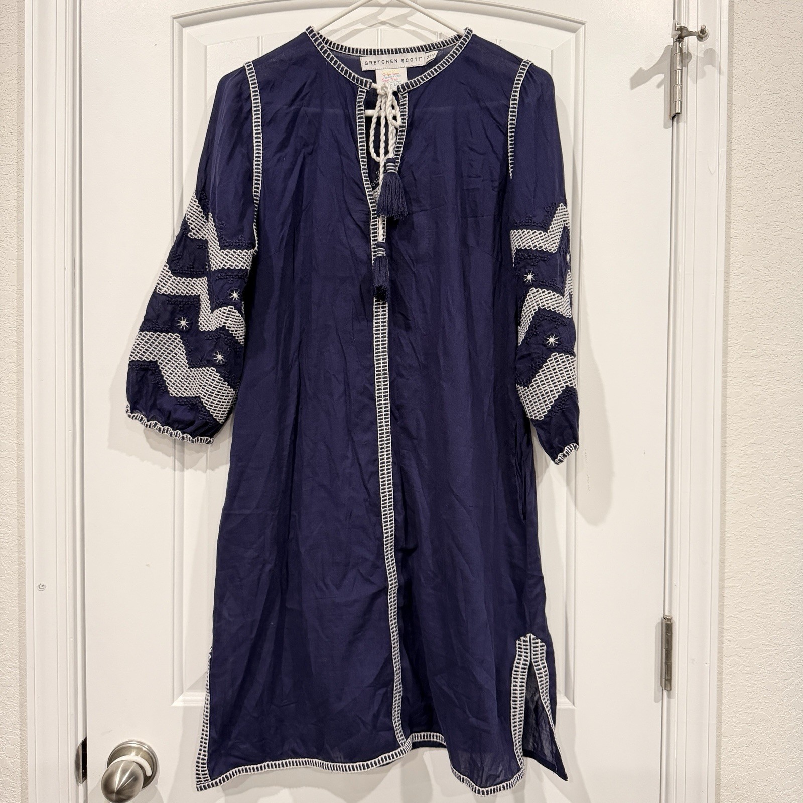 Gretchen Scott Grip Less Tassel Tunic Dress Blue White Embroidered Medium