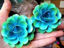 TWO Large metal rose flowers, for accents, embellishments, blue, yellow