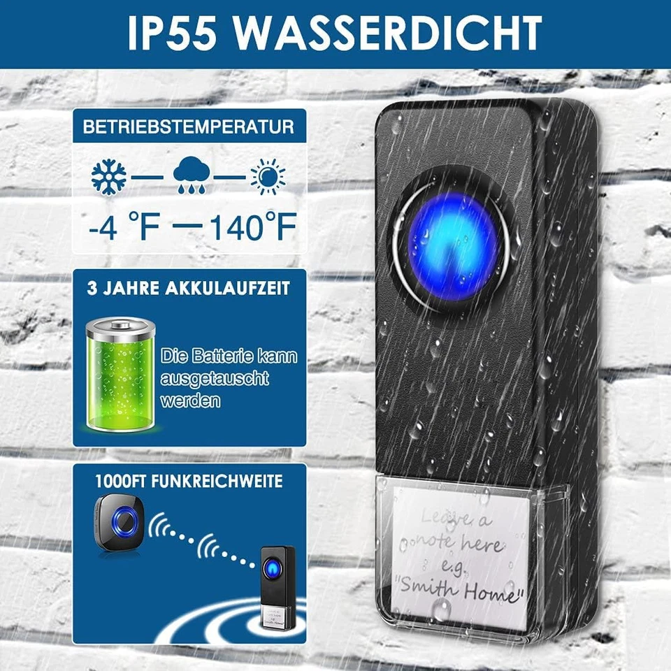Funkklingel Außen IP65 Wasserdicht Türklingel Funk Set 400m Reichweite Haustür - Bild 3 von 4