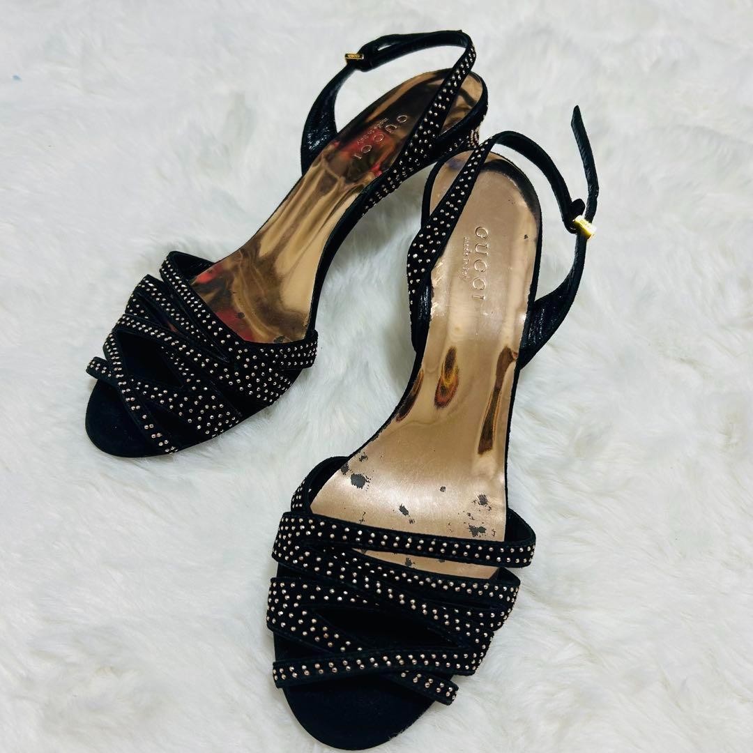 GUCCI Sandals Shoes Rhinestone Studs EU 35.5 US 5.5 Suede Black Authentic