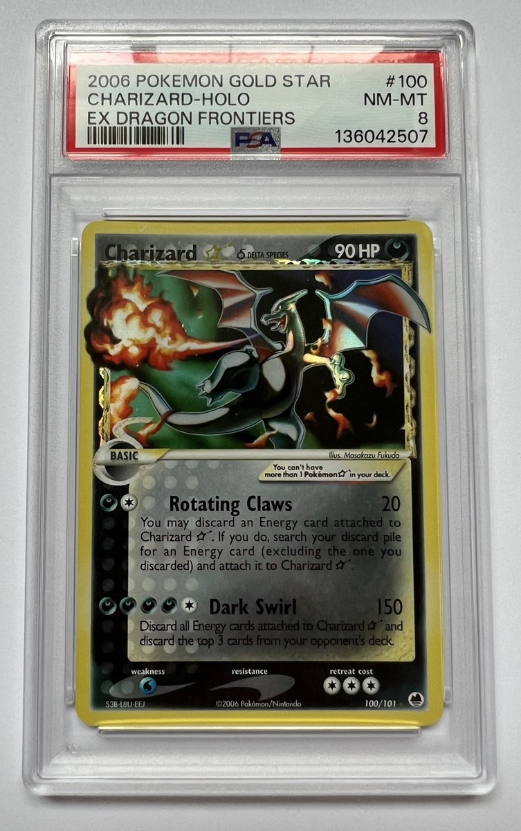 2006 charizard pokemon card EX DRAGON FRONTIERS GOLD STAR #100 CHARIZARD-HOLO PSA 8 New Cert This specific card features a stunning Charizard 4/100 Delta Species Crystal