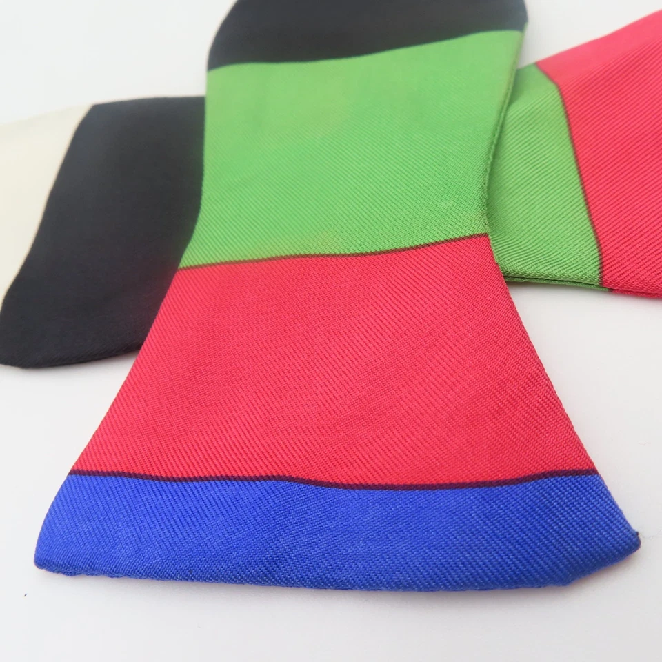 Gene Meyer Bow Tie Pink Black Green Striped 2.5" Wide Self Tie Silk Korea - Image 2 of 3