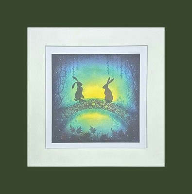 Skurriler Hase Kunstdruck zwei Kaninchen auf Brücke 8''x8'' montiert Fantasy Druck