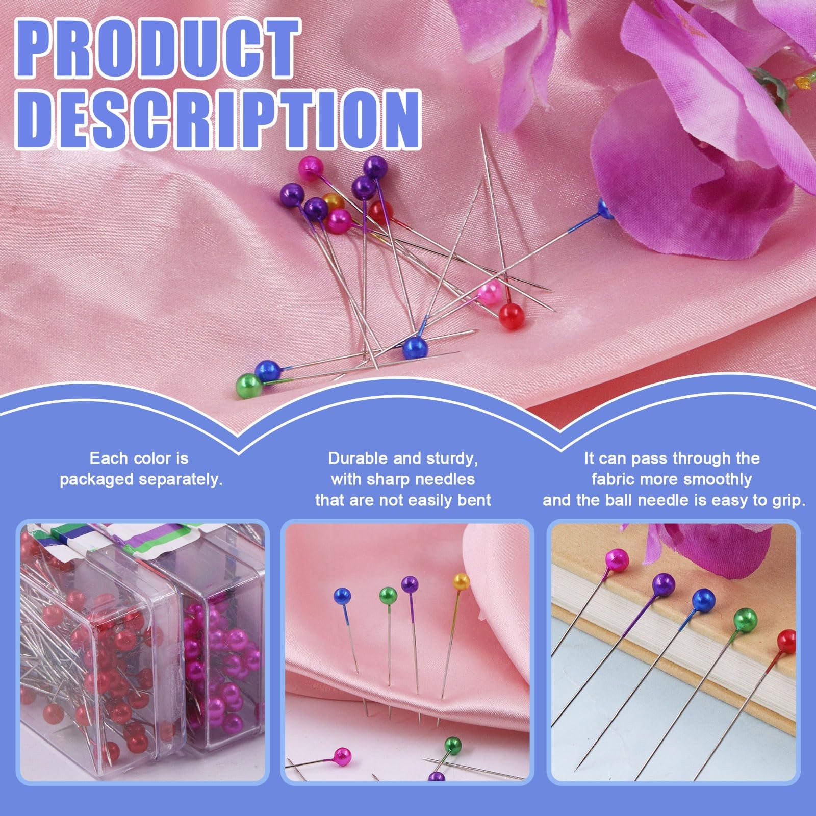 1200Pcs 1.5 inch Sewing Pins, Straight Pins with Colored Heads 12 Colors Pear...