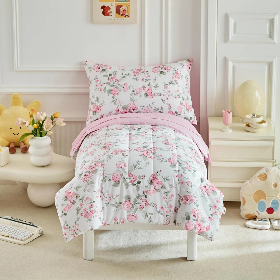 Комплект постельного белья из 4 предметов белый для мальчиков девочек - ультрамягкие розовые цветы с... - Изображение 2 из 4